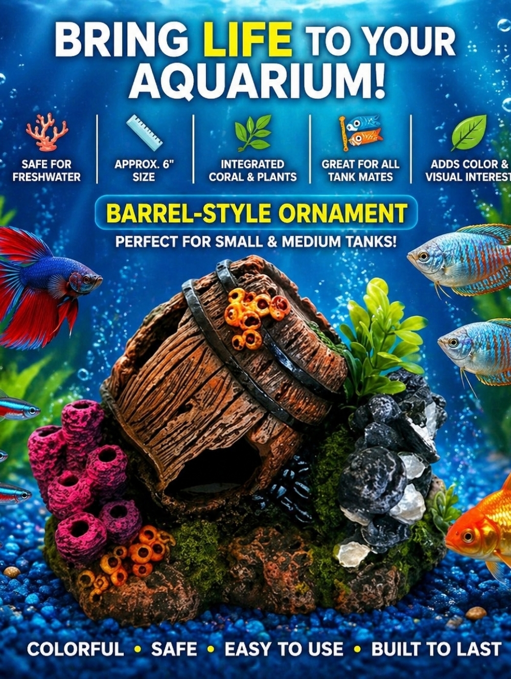 Aquarium Ornament - Barrel With Coral and Plastic Plants Blubber "6 New